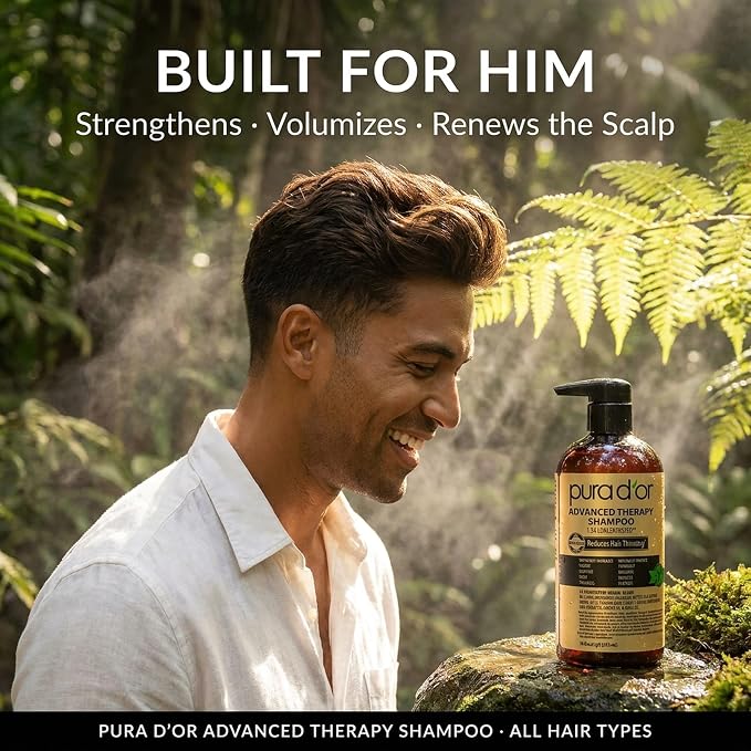 PURA D'OR Advanced Therapy Shampoo Reduces Hair Thinning & Increases Volume, No SLS, Biotin Shampoo Infused w/Argan Oil, Aloe Vera for All Hair Types, Men & Women, Invigorating Forest Scent 16 Fl Oz