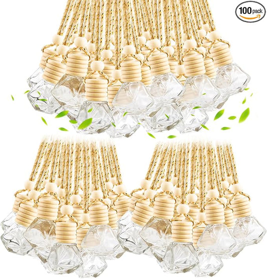 100 Pcs 8ml Hanging Car Air Freshener,Empty Clear Glass Essential Oil Diffuser Perfume Aromatherapy Pendant Bottle Vials Ornament Decor With Wooden Caps & Hanging String-Diamond Shape