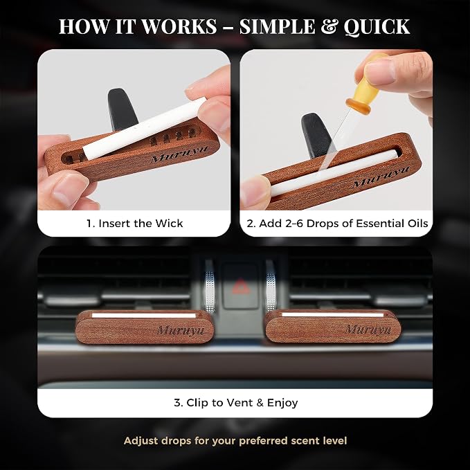 2-Pack Car Diffuser Vent Clip, Non-Electric Essential Oil Air Freshener, Refillable Sapele Wood Design, Customizable Subtle Scent (No Essential Oils)