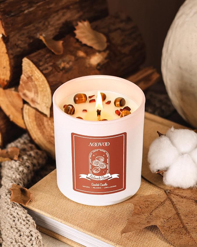 AOOVOO Nutmeg Beans Scented Candles for Women - Aromatherapy Candle with Crystals Inside, 10oz Soy Candles for Home Scented, Birthday Gifts Valentines Day Candle for Women Mom