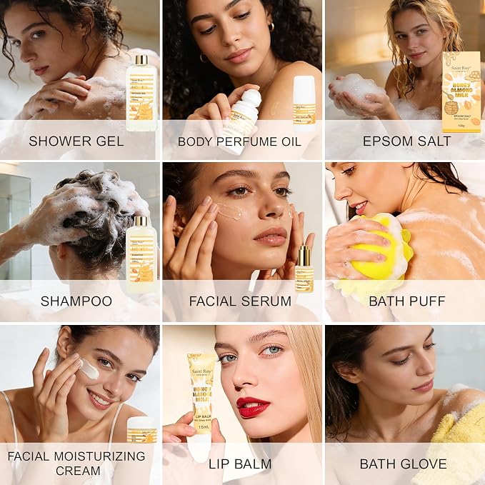 34 Pcs Skin care kit Spa Gift Set for Women & Men, Honey & Almond Milk Bath & Body Gift Basket, Face Skin Care Kit with Shower Gel, Self-Care Manicure, Birthday, Christmas, Mother Day, Anniversary