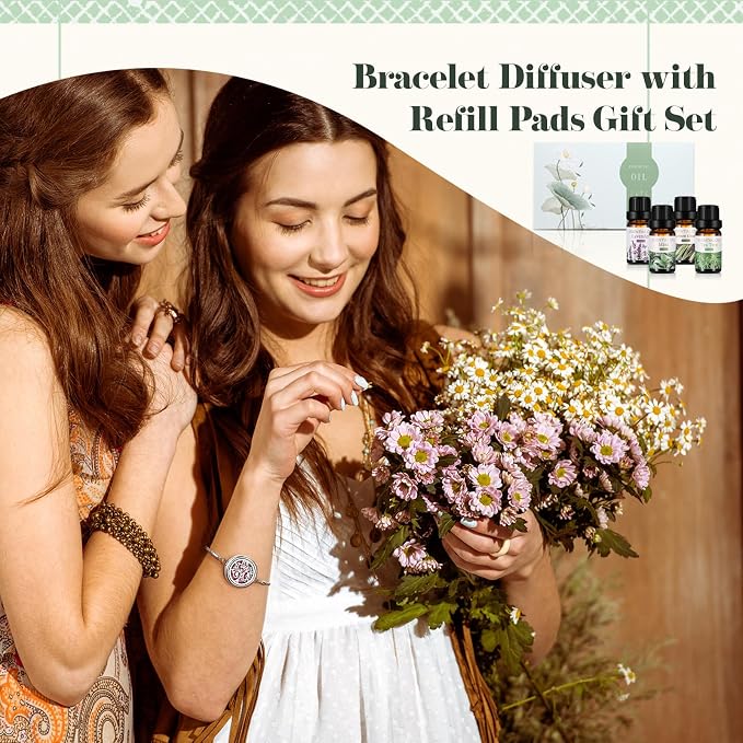 Liliaafar Aromatherapy Essential Oil Diffuser Bracelet with 8 Pcs Refill Pads and 4 Tea Tree Lavender Lemongrass Peppermint for Teacher Employee Women Ister Wife Birthday Favor Gifts