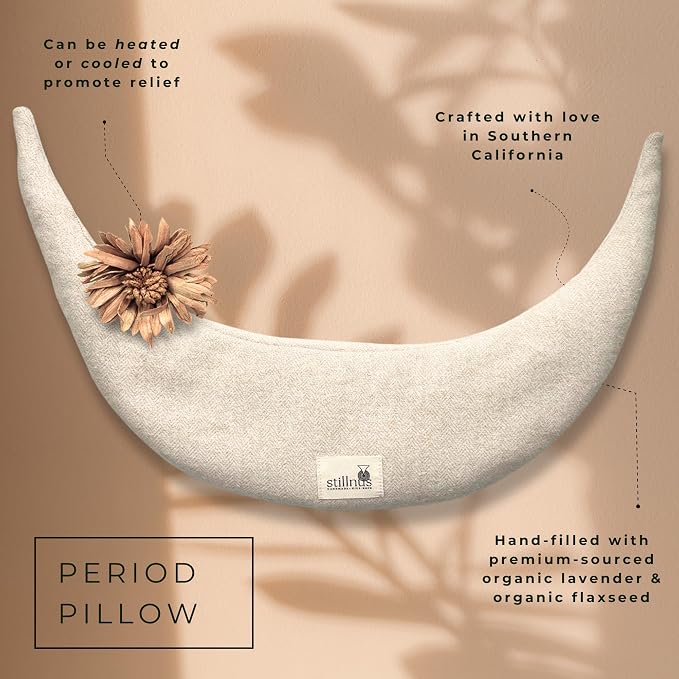 Stillnus Crescent Moon Aromatherapy Pillow – Herringbone Cream – Organic Lavender & Flaxseed Compress for Period Pain, Neck & Shoulder Tension – Hot & Cold Therapy Gift for Women’s Self-Care