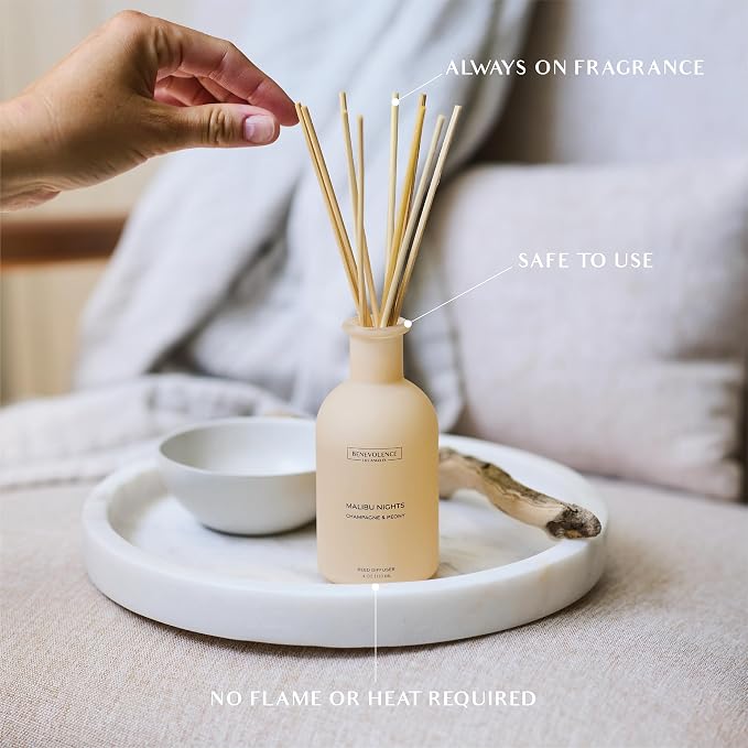Benevolence LA Reed Diffuser - Champagne & Peony | Luxurious Home & Bathroom Decor | Long-Lasting Scent Diffusers for Home - Malibu Sands Collection