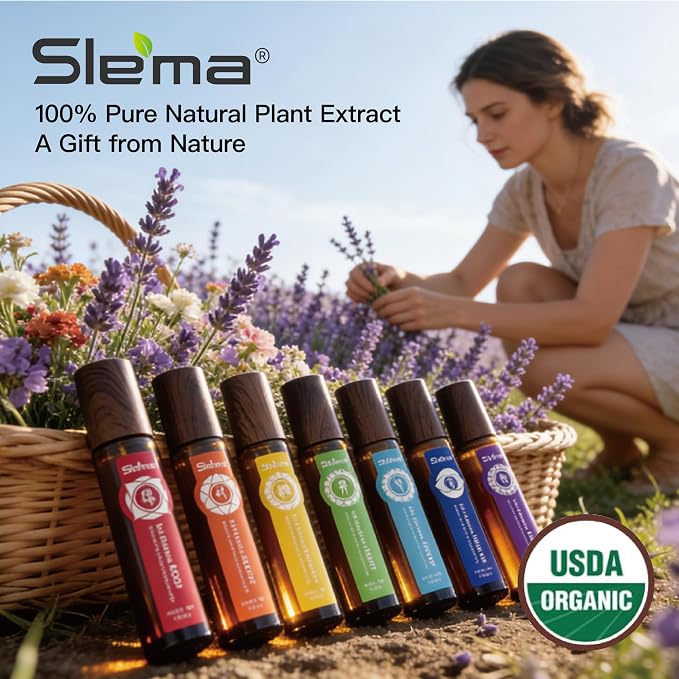 Slema 7 Chakra Essential Oil Roller Gift Set - 7x5ml with Natural Crystal & Jade Rollerballs, Plant-Based Blends for Meditation, Yoga (5mlx7)