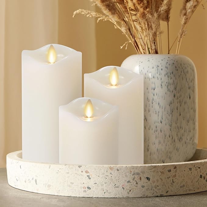 Matchless Candle Co. by Luminara Set of 3 Flameless LED Pillar Candles, Real Wax, Moving Flame (3x4.5, 3x5.5, 3x6.5 Inch, Unscented)