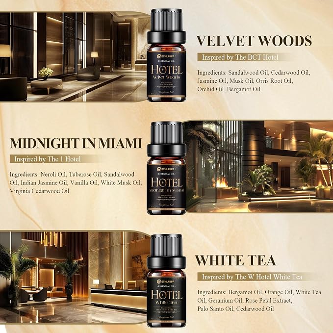 Hotel Collection Diffuser Oil, My Way, Westin, Midnight in Miami, Inspired by The Most Popular 5-Star Hotel Scents, Fragrance Oil Set 6 * 10 ml