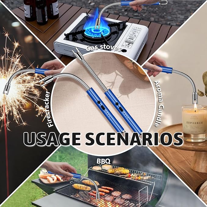 2 Pack Electric Candle Lighters, USB Rechargeable Lighter with Windproof Flameless & Extended Handle, Suitable for Candles, BBQ, Camping, Gas Stove, Festivals Gift (Blue, 2 Packs-A)
