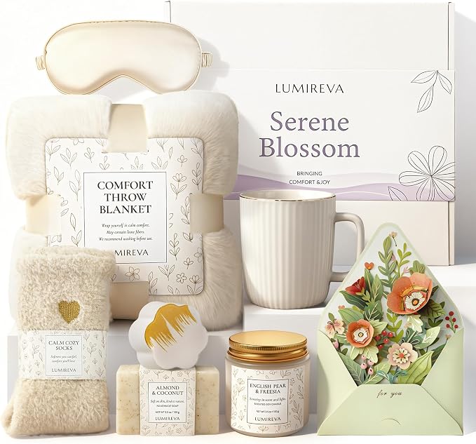 Lumireva Luxury Self Care Gift Basket for Women - Pampering Hug in a Box with Plush Blanket & Aromatherapy Candle, Elegant Birthday, Thank You & Anniversary Spa Set for Mom, Wife