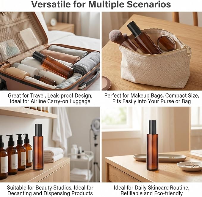 2 PCS 80/2.7oz Amber Glass Travel Bottles with Black Pump, Leakproof Lotion Dispenser for Essential Oil, Cream, Shampoo, Body Wash & Travel Toiletries