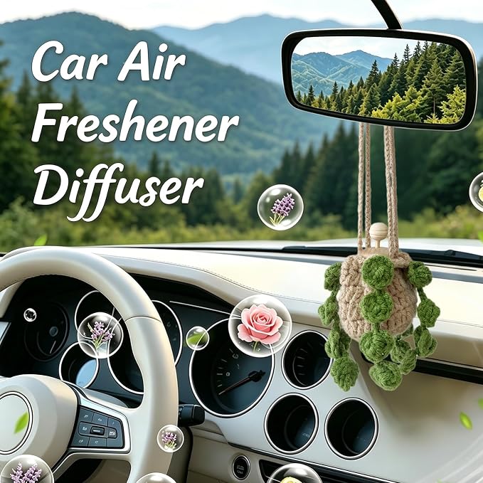 Crochet Car Essential Oil Diffuser, 10ml Refillable Essential Oil Bottle with Hanging Crochet Green Plant Ornament for Car Rear View Mirror, Home Office Air Freshener Decor