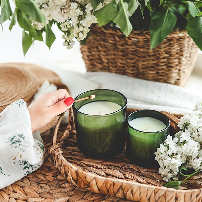 SHOWIN 8 OZ Thick Candle Jars for Making Candles 15 Pcs, Green Empty Jars with Wood Lids for Candle Making, Sample Container,Clear Green