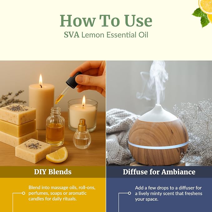 SVA Lemon Essential Oil – 4 Fl Oz - for Diffuser, Skin & Hair Care – Ideal for Massage & DIY Blends – with Dropper