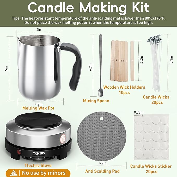 CasaCulina 2025 New Candle Making Kit with Hot Plate, Candle Making Supplies with Wax Melting Pot, Stirring Spoon, Anti-Scalding Pad, Candle Wicks, Wooden Wick Holders, Candle Making Pouring Pot