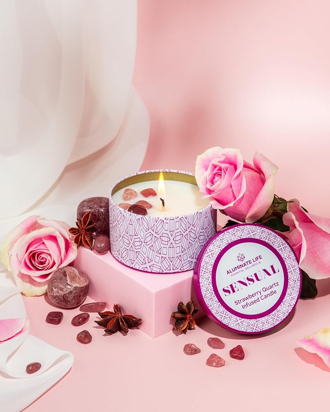 Luxury Candle Tin, 6 OZ, Sensual - Strawberry Quartz Crystal Infused - Scents of Star Anise, Rose, Sichuan Pepper & White Musk - Coconut Wax, Essential Oils, Dr. Developed