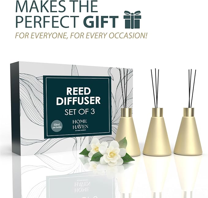 Mega Handles Reed Diffuser Sets (50ml) - 3 Pack White Flower Scent Bathroom Diffuser, Elegant Reed Diffuser for Shelf Decor, Decorative Air Freshener for Large Rooms - Satin Brass