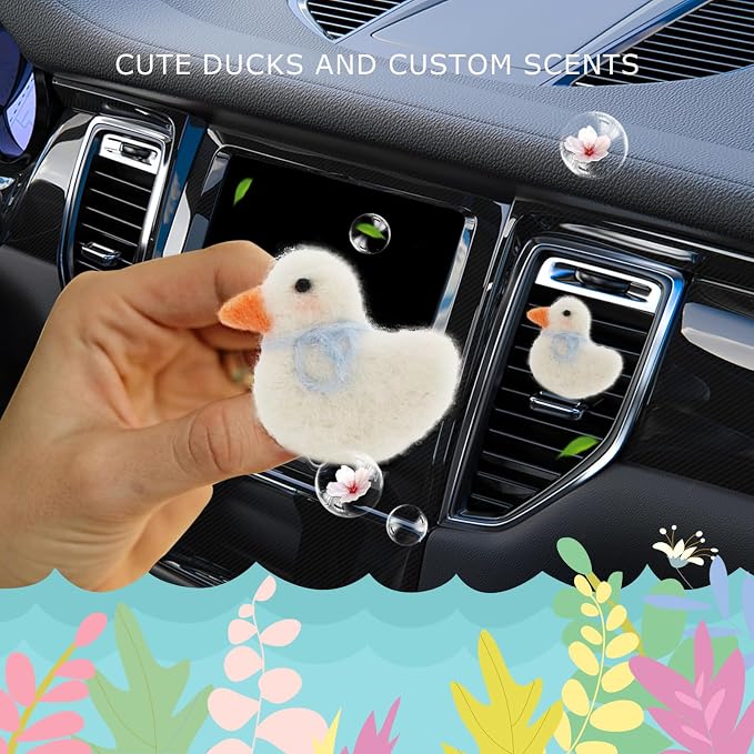 ORIESSE Duck Car Accessories,Wool Felt Car Air Freshener Vent Clips,Refillable Essential Oil Aroma Diffuser,White Duck Decor for Women Teens