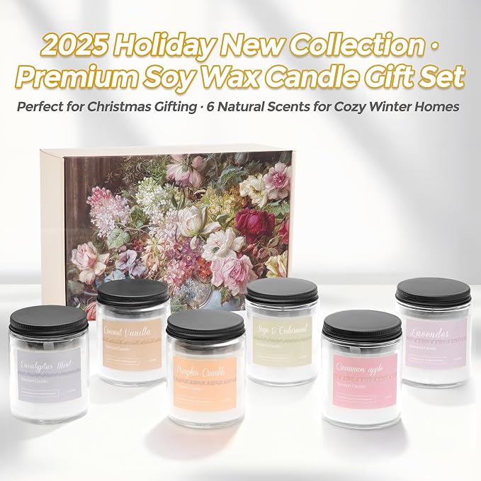 Scented Candles Gift Set,6 Pack Fall Scented Candles for Women Gifts Autumn Home Decor, Natural Non Toxic Soy Candle Set Pumpkin/Cinnamon Apple/Vanilla/Lavender/Sage/Eucalyptus