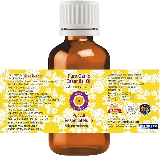 dève herbes Garlic Essential Oil (Allium sativum) Pure | Non-Sticky | Non-Greasy | Lightweight | Men & Women | All Skin Types | Steam Distilled 15ml (0.5 oz)