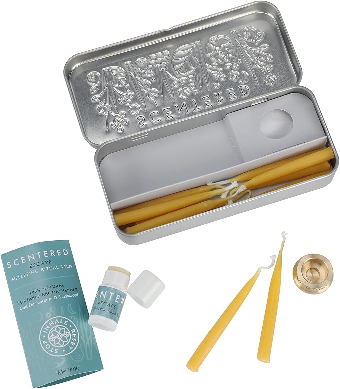 Scentered Yoga Meditation Kit - Aromatherapy Balm & Natural Beeswax Candles Set for Mindfulness - 12x Beeswax Candles with Brass Holder & Essential Oil Balm - Self-Care Gifts for Women