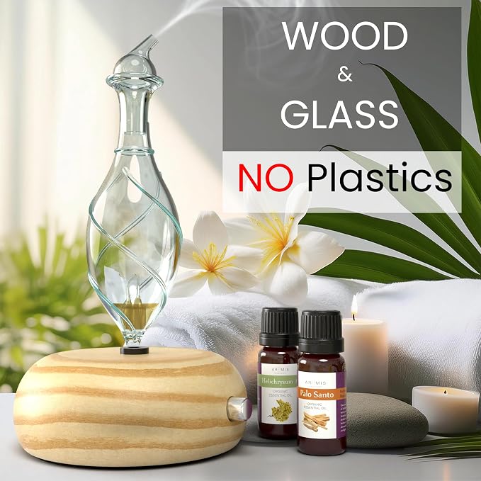 ArOmis Premium Glass Essential Oils Nebulizer - Waterless Diffuser for Aromatherapy - Handmade Oil Diffuser, Wooden Base, No Plastic, No Heat, No Battery, No LEDs - Orbis Lux Vitis