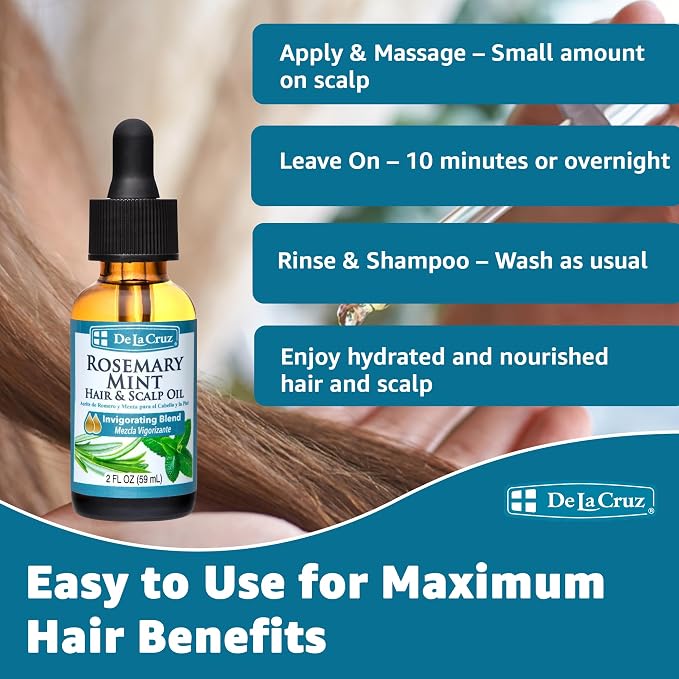 De La Cruz Rosemary Mint Oil Blend for Hair & Scalp - Revitalizing Blend with Castor, Avocado and Olive Oil - Naturally Moisturizing Rosemary Hair Oil - 2 FL OZ