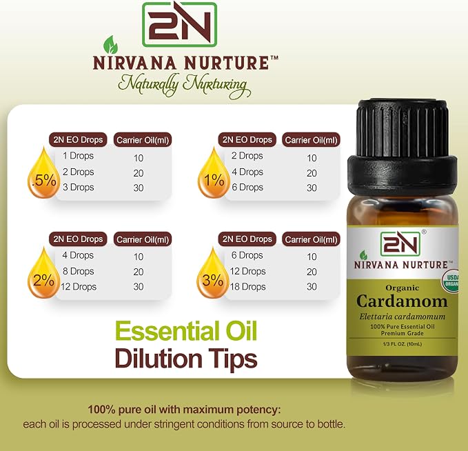 Cardamom Essential Oil, USDA Certified Organic, 100% Pure Undiluted, Aromatherapy Oil for Diffuser, Hair & Skin Care