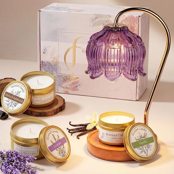 Flower Candle Warmer Lamp Gift Set for Women, Wax Melt Warmer Lamp with Timer & Dimmer, Self Care Spa Basket with Tumbler, Rose Bath Salt, Scented Candle, Soap, Christmas Birthday Gifts for Mom Her