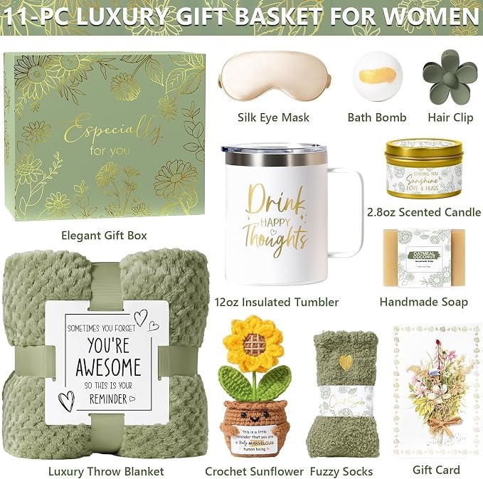 Birthday Gifts for Women Self Care Get Well Soon Gift Baskets, Spa Care Package Thinking of You Gift Set, Sympathy Inspirational Christmas Sunflower Gifts for Women Her Mom Friend Sister Wife Teacher