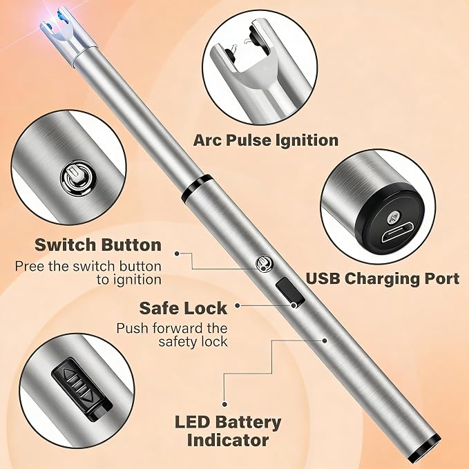 Electric Candle Lighter Windproof USB Rechargeable Flameless Long Neck Lighter for Candles Gas Stove Fireplace BBQ Kitchen Grills (Stainless Steel)