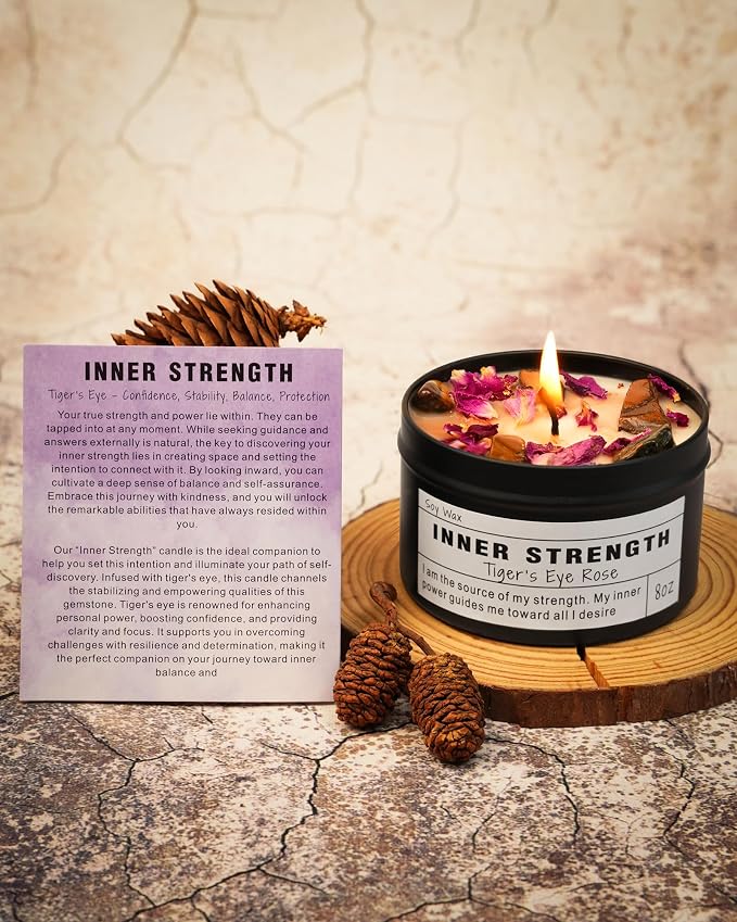 Inner Strength Soy Candle, Vegan Confidence, Focus Crystal, Empowerment Intention Gift, Grounding Meditation Candle. (8oz)