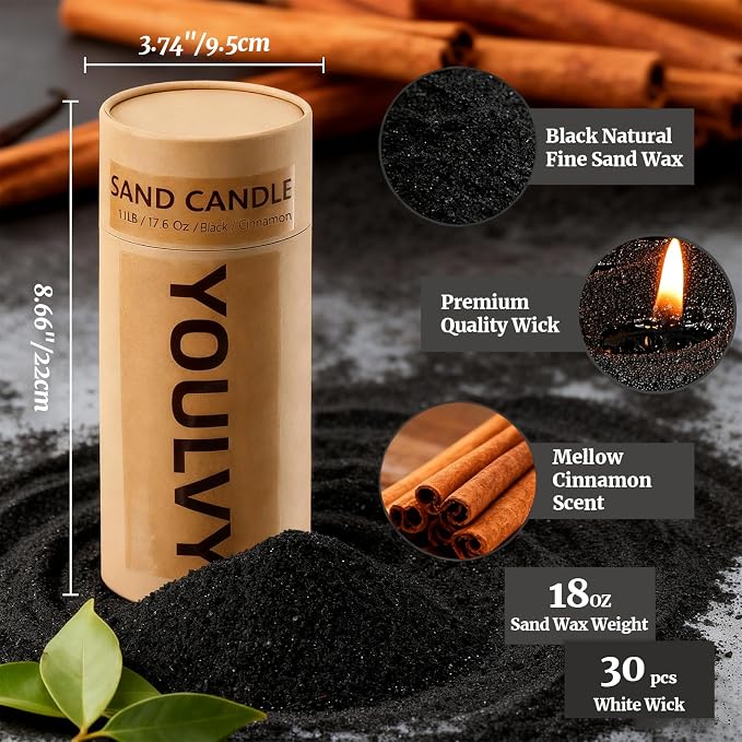 Pearled Candles Sand and 30 Wicks NonToxic 18Oz-Cinnamon Scented Luxury Long Lasting Refillable Pearled Powder Candles 120 Hours-Candle Beads Sand Wax Kit for Wedding Candle Making Party Black