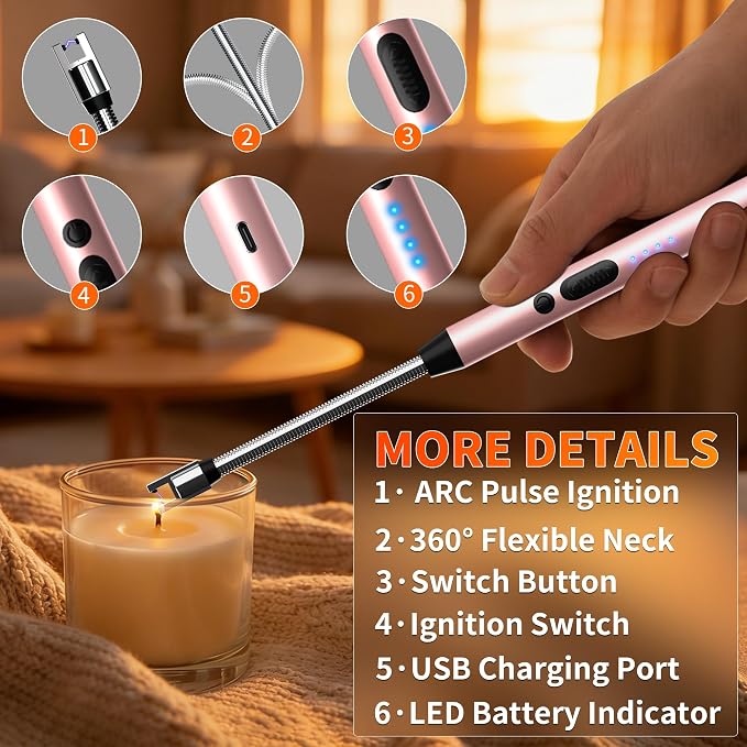 2 Pack Rechargeable Type C Electric Lighters, Rosegold | Flameless and Windproof, Plasma Arc, 360° Long Reach Flexible Neck, LED Power Display, For Candles, BBQ Grill & Camping
