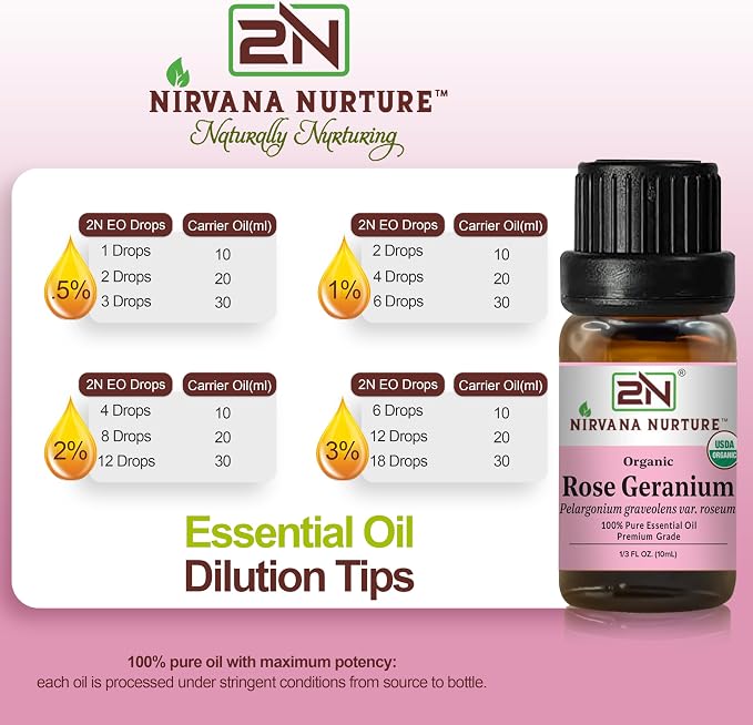 Rose Geranium Essential Oil, USDA Certified Organic, 100% Pure Undiluted, Aromatherapy Oil for Diffuser, Hair & Skin Care