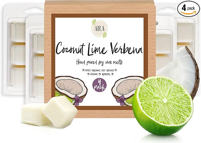 Aira Soy Wax Melt - Organic, Vegan, Kosher, Scented Soy Wax Cubes w/Essential Oils - No Chemical 100% Soy Wax Melts for Tealight Melters - Hand-Poured Soy Tarts - Coconut Lime Verbena - 2 Pack