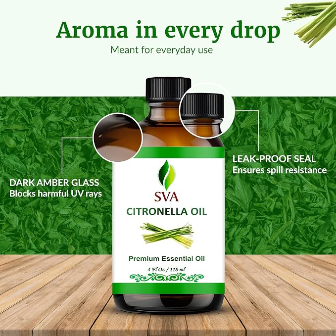 SVA Citronella Essential Oil 4 Fl Oz – for Aromatherapy, Diffuser, Skin & Hair Care – Ideal for Massage & DIY Blends - with Dropper