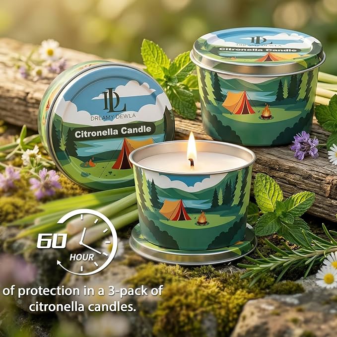 Citronella Candle for Outdoor 3 Pack, 2.2oz Citronella Scented Candles for Outdoor Camping, Natural Soy Wax with Essential Oils, Portable Tin for Patio Backyard Hiking