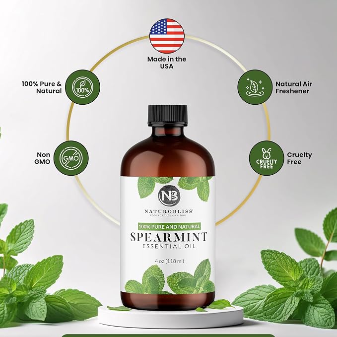 NaturoBliss Spearmint Essential Oil, 100% Pure and Natural Therapeutic Grade, Premium Quality Spearmint Oil, 4 fl. Oz - Perfect for Aromatherapy and Relaxation