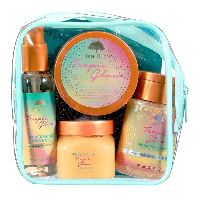 Tree Hut Tropic Glow Everything Shower Gift Set for Women, Exfoliating Body Scrub, Body Wash, Shave Oil & Body Butter, Self Care Gift Set, Hydrating & Moisturizing with Shea Butter, Travel Size