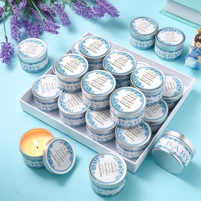 MTLEE 24 Pcs Flowers Baby Shower Party Favors Candles Lavender Scented Baby Shower Favors for Guests Rustic Tealights Candles Gender Reveal Return Gifts (1.2 oz, Blue)
