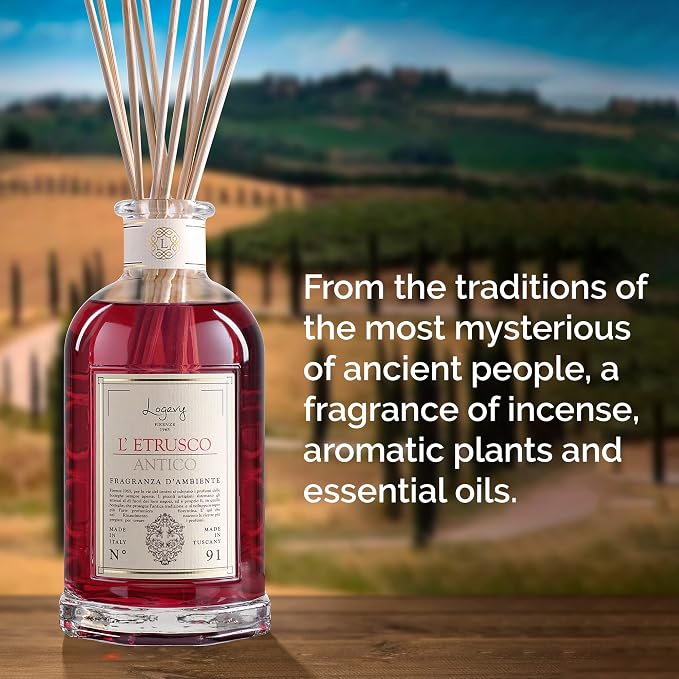 Logevy Firenze 1965 L’Etrusco Antico – The Ancient Etruscan Luxury Home Fragrance Diffuser from Master Perfumer with Spicy & Woody Notes in Elegant Glass Bottle with 12 Natural Bamboo Reeds – 500ml