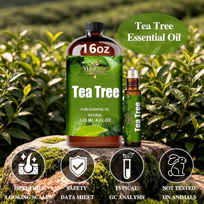 Tea Tree Essential Oil, Tea Tree Oil 16 Fl Oz 480ml for Diffuser Yoga Soap & Candle Making – with 0.33 Oz Roller Ball & Funnel YHSESSE Essential Oils