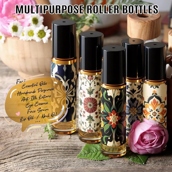 Roller Bottles for Essential Oils Roll On Bottles 14 Pack, 10ml Amber Rollerball Bottle Thick Glass Empty with Oil Perfume DIY Kits Boho Stickers Leak-Proof Refillable for Travel, Gift