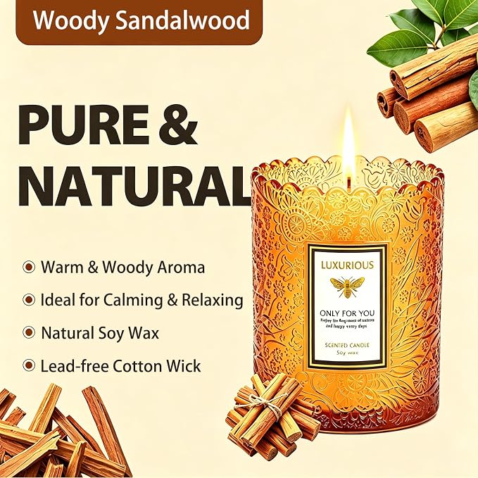 Sandalwood Candles, Candles for Home Scented, Natural Soy Wax Candle，Aromatherapy Candle for Stress Relief, Delicate Embossed Glass Jar for Home Decor, 7 oz 40 Hours Burning Time