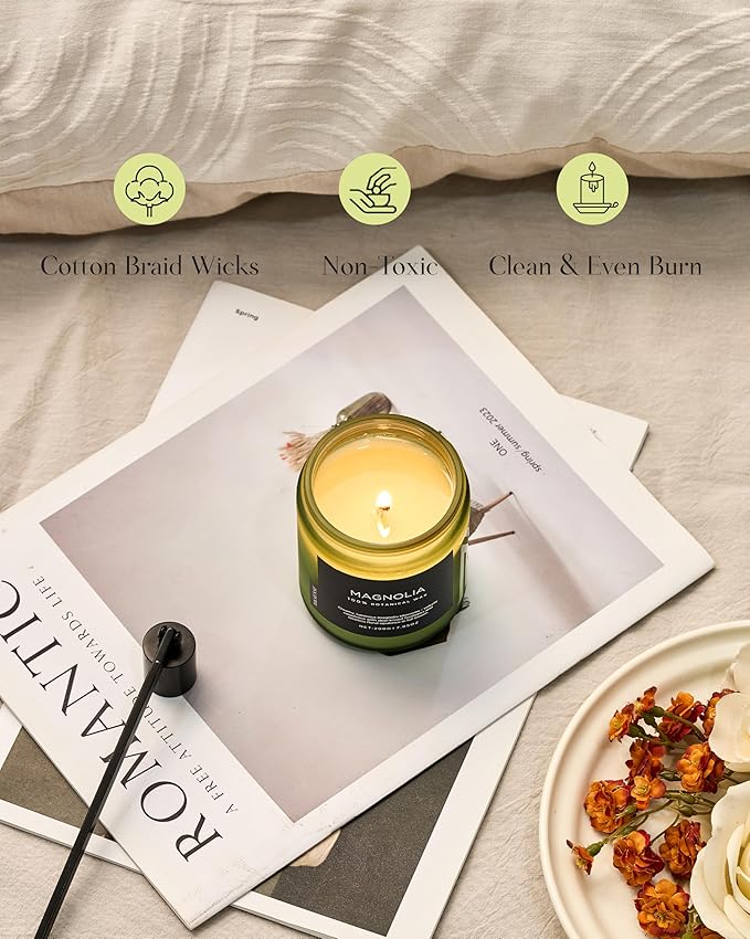 M&SENSE Magnolia Jasmine Scented Candle, 7.05oz 50 Hours Long Lasting Clean Non Toxic All Natural Soy Wax Candle for Relaxing & Stress Relief, Spring Fragrance Gifts for Home Decor