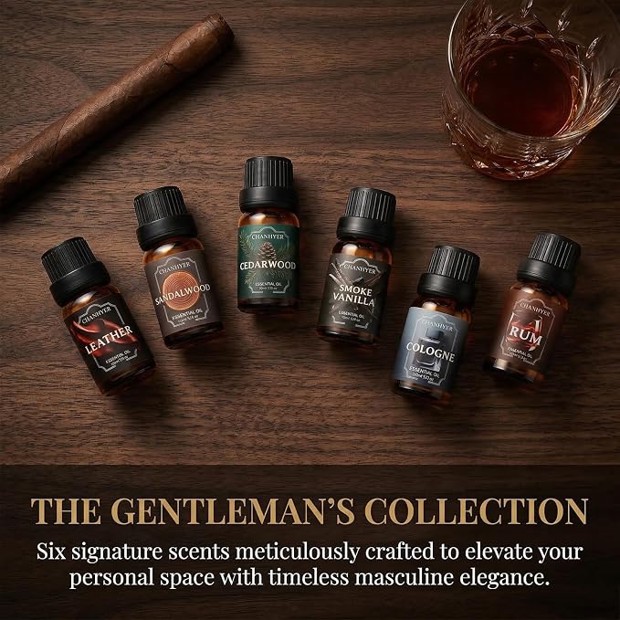 Essential Oils for Diffusers for Home Gentlemen's Set Fragrance Scents 6x10ml-Leather,Sandalwood,Cedarwood,Smoke Vanilla,Cologne,Rum for Aromatherapy,Humidifiers&Massage