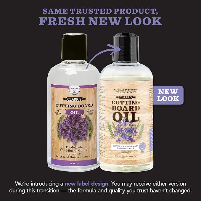 CLARK'S Cutting Board Oil - Food Grade Mineral Oil for Wood Cutting Board - Scented with Lavender & Rosemary Essential Oils - Butcher Block Conditioner - Restores and Protects Wood - Made in USA, 12oz