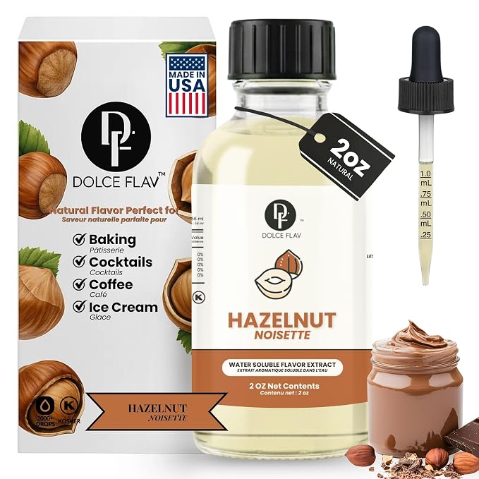 Dolce Flav Natural Hazelnut Extract – 2 Ounce Water-Soluble Kosher, Sugar-Free, Concentrated Toasted Hazelnut Flavoring for Coffee, Baking & Desserts, Includes Measured Dropper