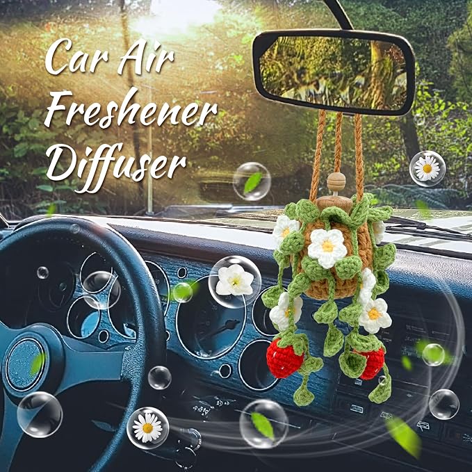 Crochet Car Air Freshener, 15ml Empty Refillable Oil Diffuser Bottle with Hanging Crochet Cute Plant for Car Rearview Mirror Decor Air Freshener Diffuser for Home and Office Decor(Two Strawberry)