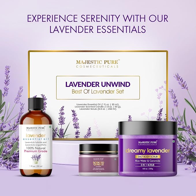 Majestic Pure Lavender Essential Oil & Body Scrub Set | 100% Pure & Natural Gift Set | Relaxing & Stress relief | pack of 3